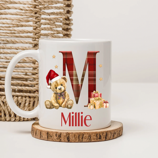 Personalised Christmas Teddy Mug(Red Tartan)